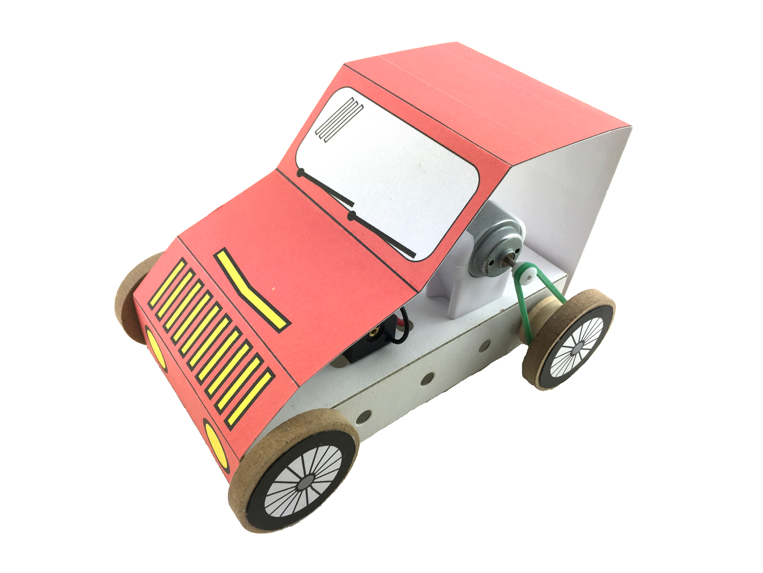 Electric Car Kit using a simple electrical circuit and a basic mechanical pulley drive system.