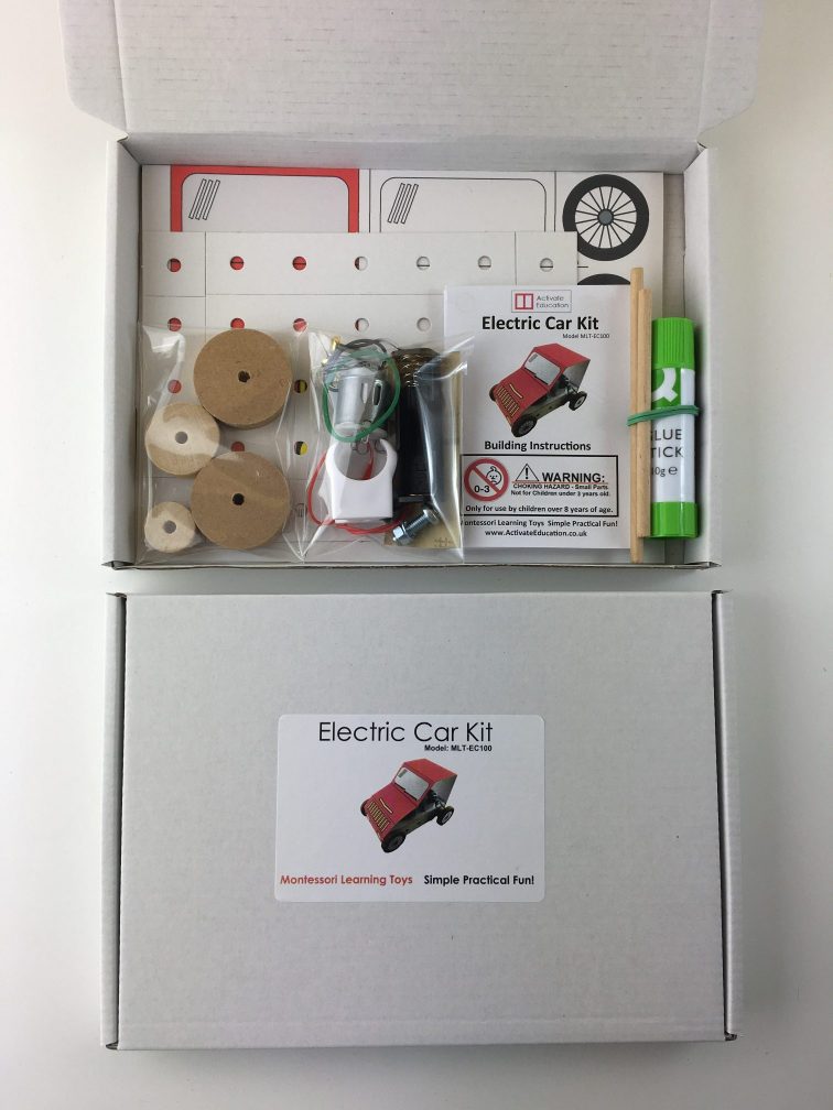 Electric Car Kit box contents to build electric car using a simple electrical circuit and a basic mechanical pulley drive system