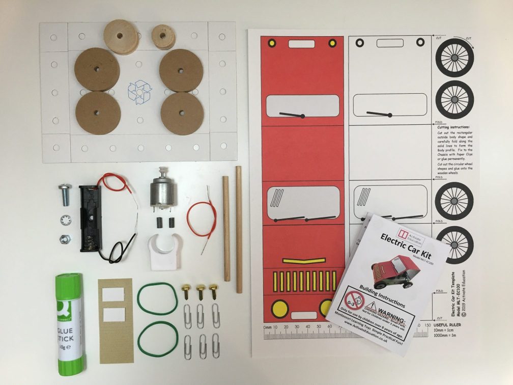Electric Car Kit to build a simple electrical circuit and a basic mechanical pulley drive system